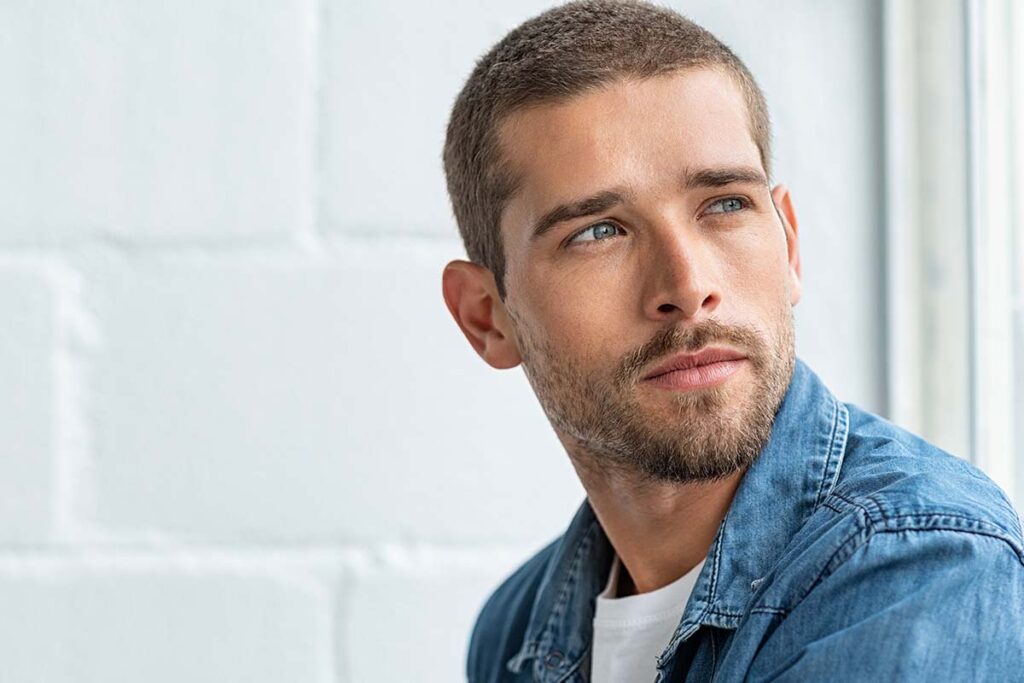 a person with short hair and a beard looks off camera with a white brick wall behind them as they wonder how to stop drug abuse