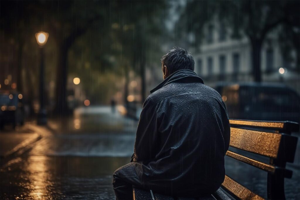 Man sits on bench as he struggles with SAD and addiction