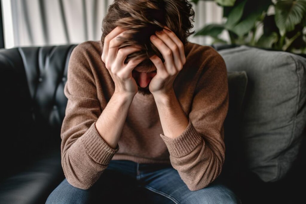 Man sits on couch distraught while thinking about the link between alcohol and falling