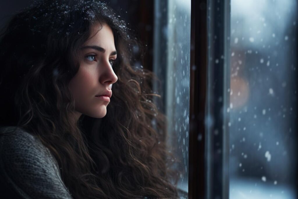 Woman looks outside window as she ponders, "why do drug overdoses increase in winter?"