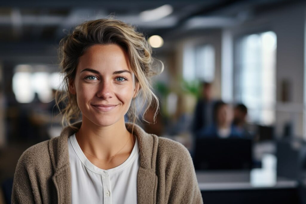 Woman looks at camera and ponders what emotional sobriety is