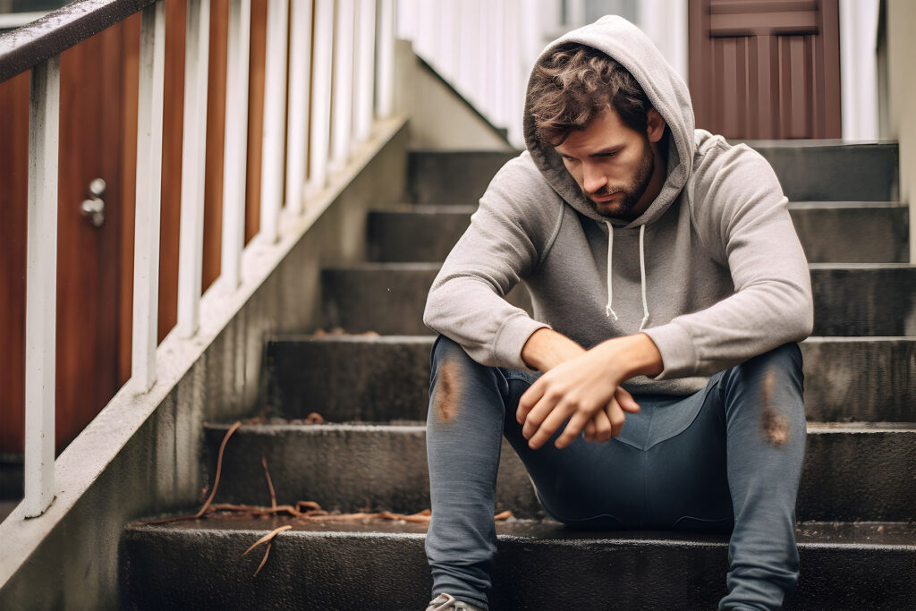 Man in hoodie sits on stairs and ponders how to tell if someone is on drugs